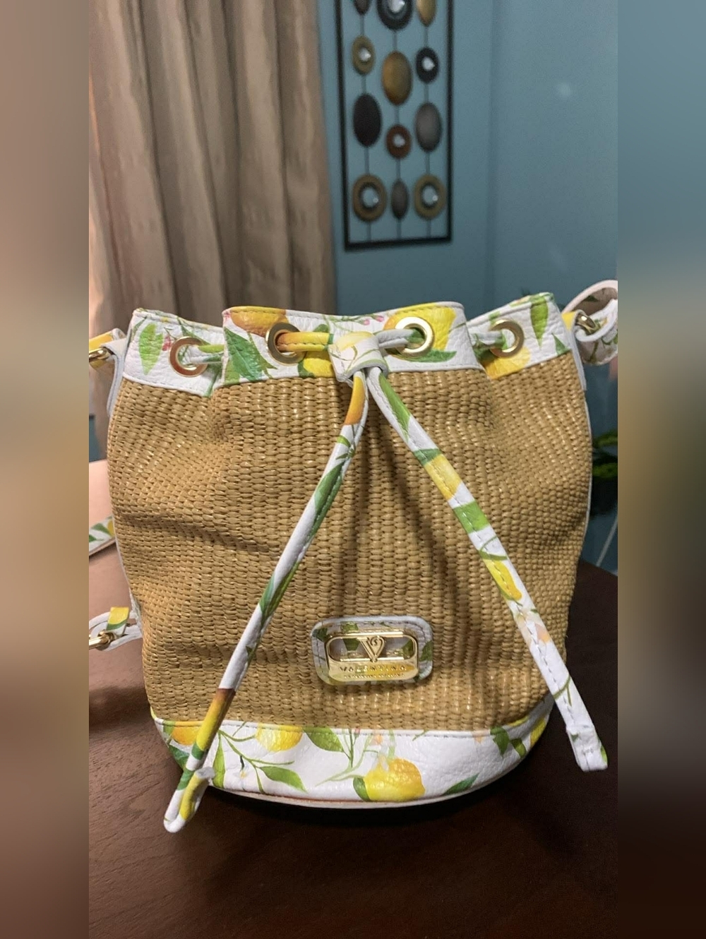 Valentina Straw Bucket Bag with Lemon Print Trim - White & Natural Like New